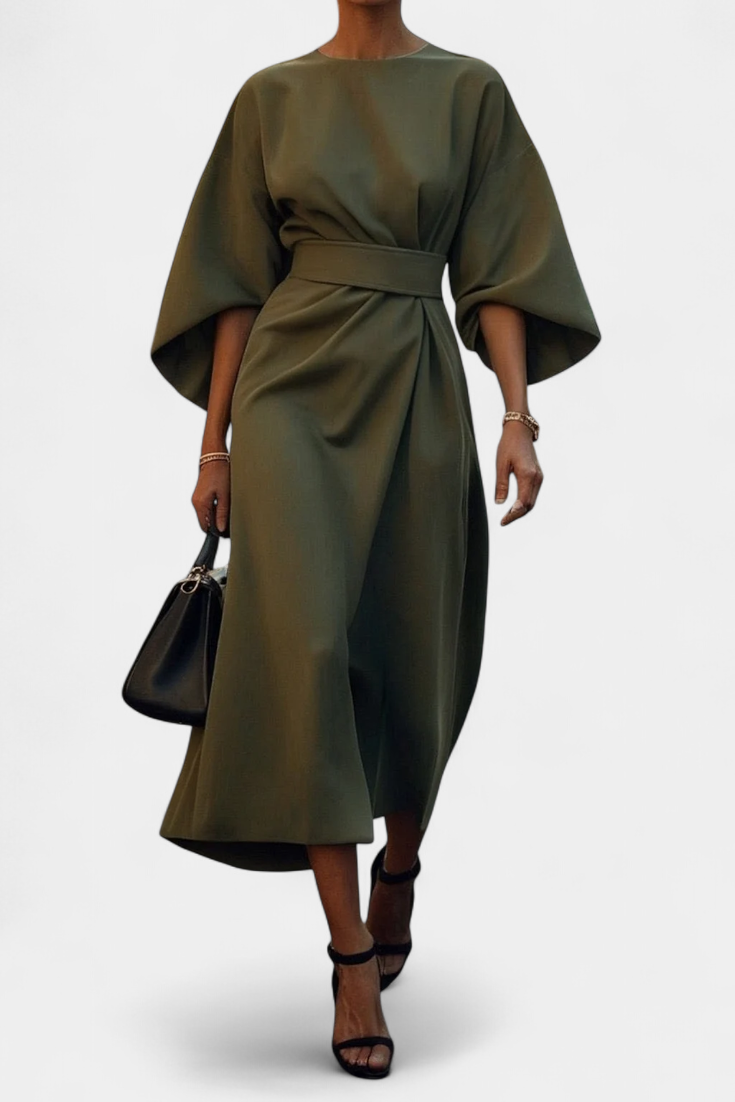 Robe Midi Micaela avec Manches Lantern et Taille Cintrée