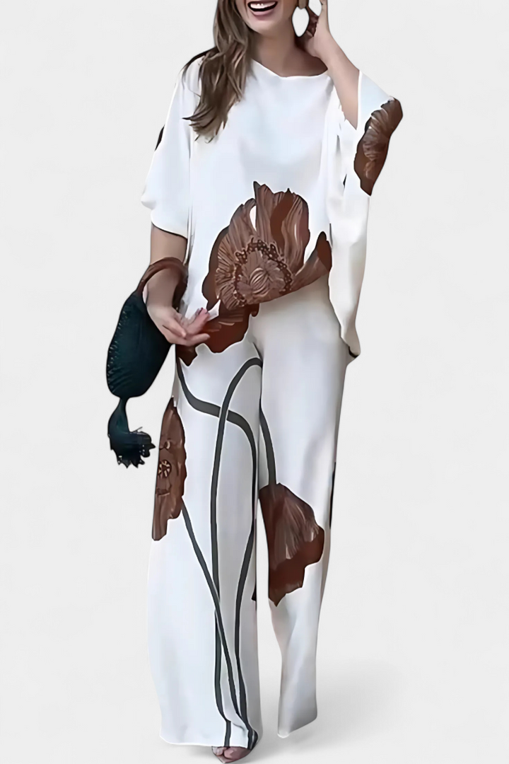 Sybella Ensemble Floral de Deux Pièces avec Épaule Dégagée et Pantalon Droit
