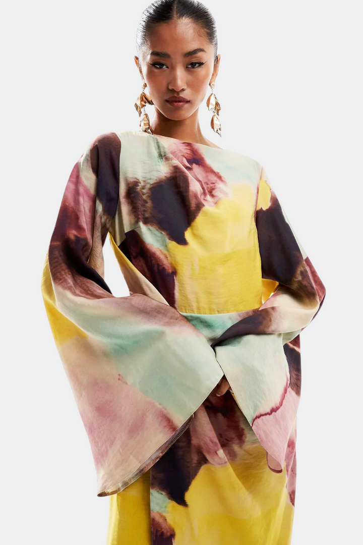 Robe Maxi Dana avec Imprimé Aquarelle et Devant Tordu