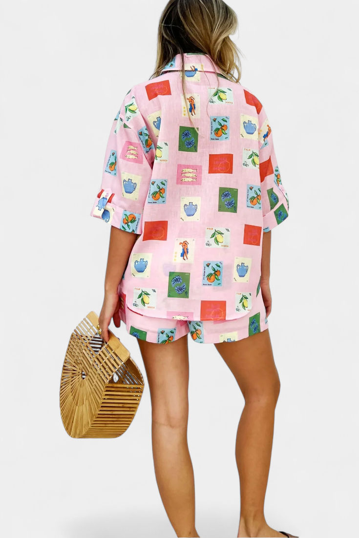 Mariluz Ensemble Chemise et Shorts avec Imprimé Rose
