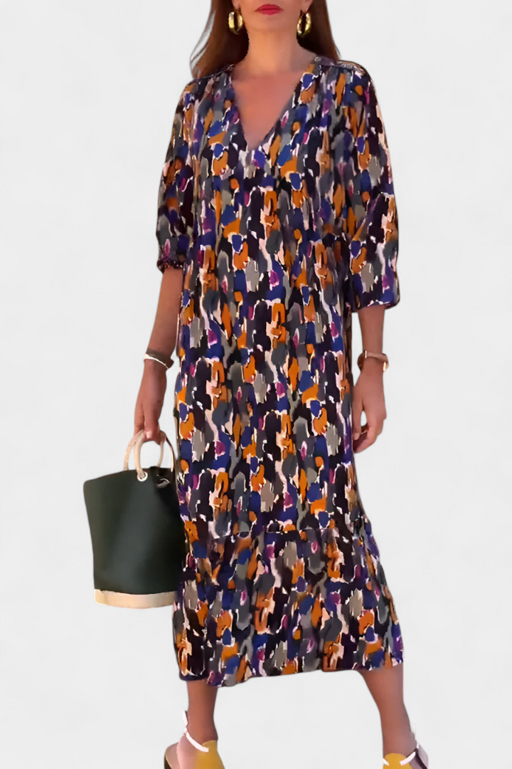 Robe Teodora Rétro avec Décolleté en V et Manches Bouffantes