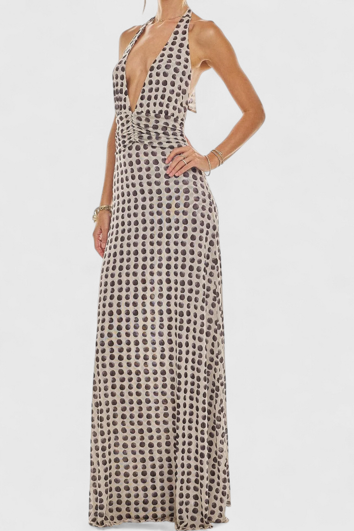 Robe Maxi à Pois Melodía avec Décolleté Halter et Taille Froncée