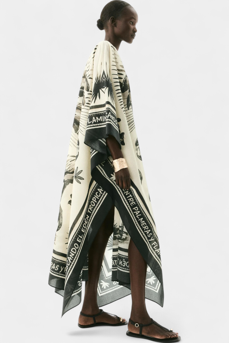 Robe Kaftan Oversized Guadalupe avec Imprimé de Flamants et de Palmiers