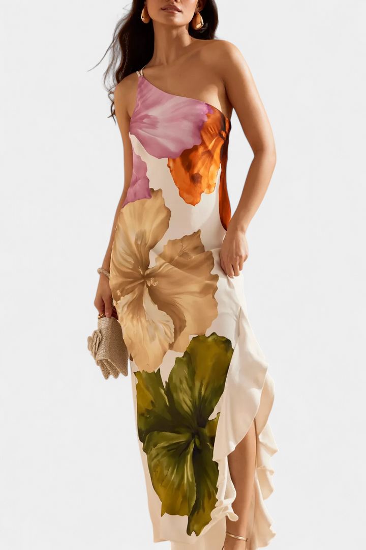 Robe Élégante Almudena avec Patchwork et Col Asymétrique