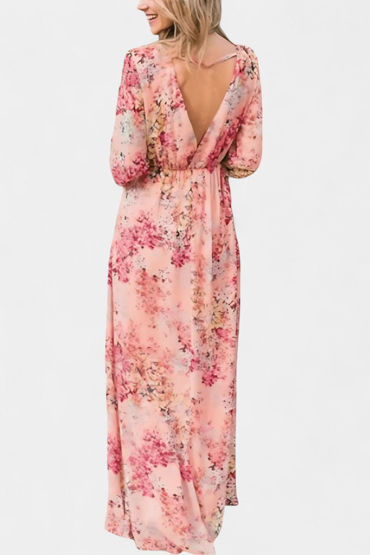 Robe Maxi Boho Florale Amaliya avec Manches Longues et Taille Définie