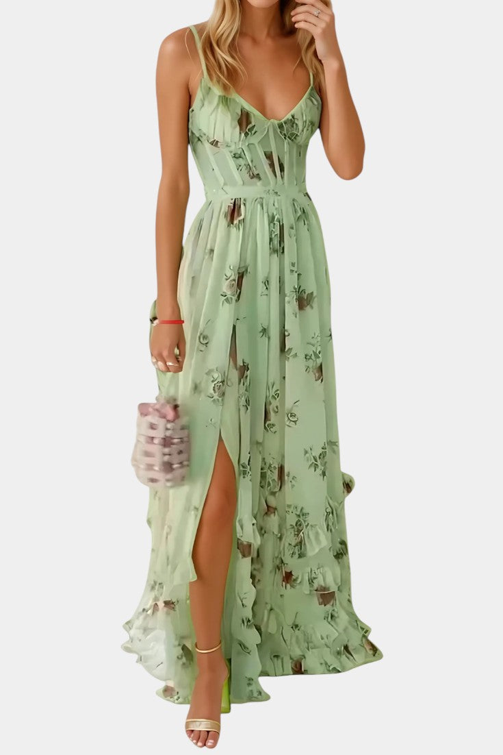 Robe Maxi Luna avec Corset Floral et Silhouette Sophistiquée