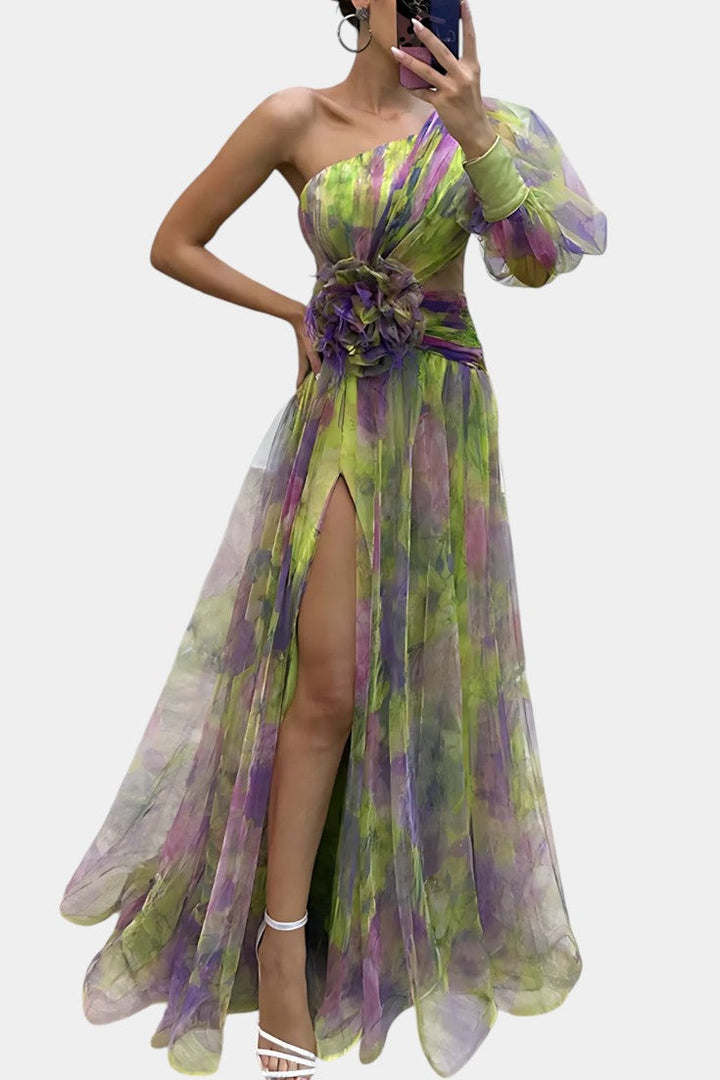 Robe Maxi Asymétrique Amelie à Épaule Unique avec Imprimé Artistique