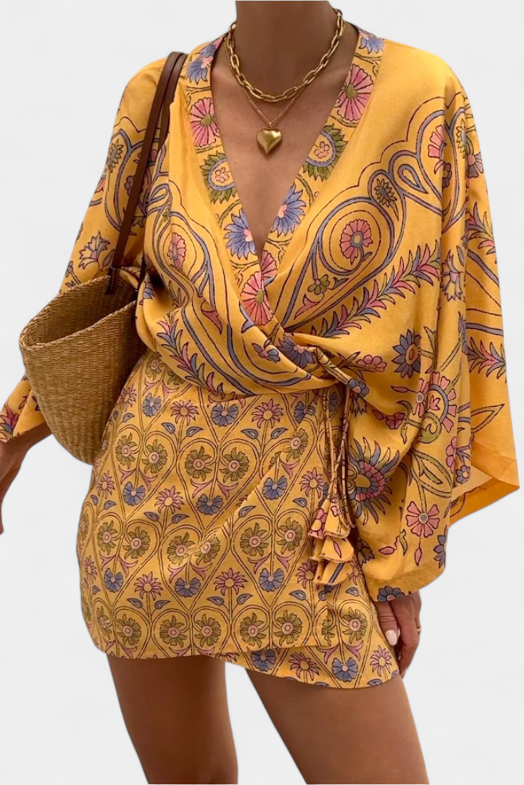 Robe Boho Candela avec Imprimé Floral et Décolleté en V Croisé
