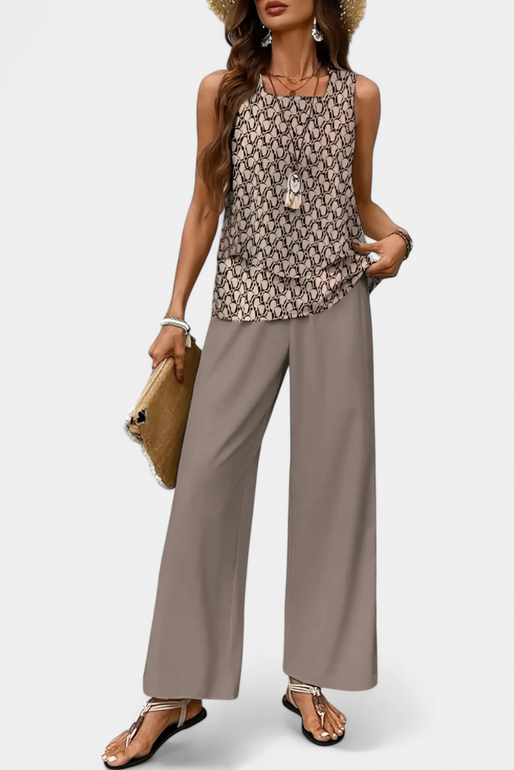Martina Ensemble Boho Élégant Sans Manches avec Pantalon Droit Imprimé