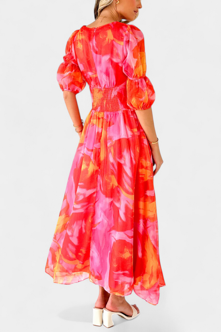 Robe Maxi Essja à Manches Bouffantes avec Décolleté en V