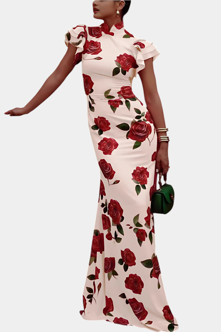 Robe Qipao Mayra avec Imprimé de Roses Élégant