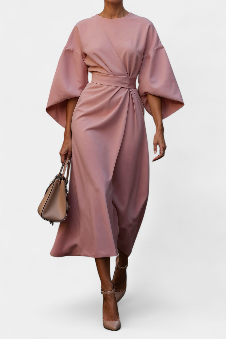 Robe Midi Micaela avec Manches Lantern et Taille Cintrée