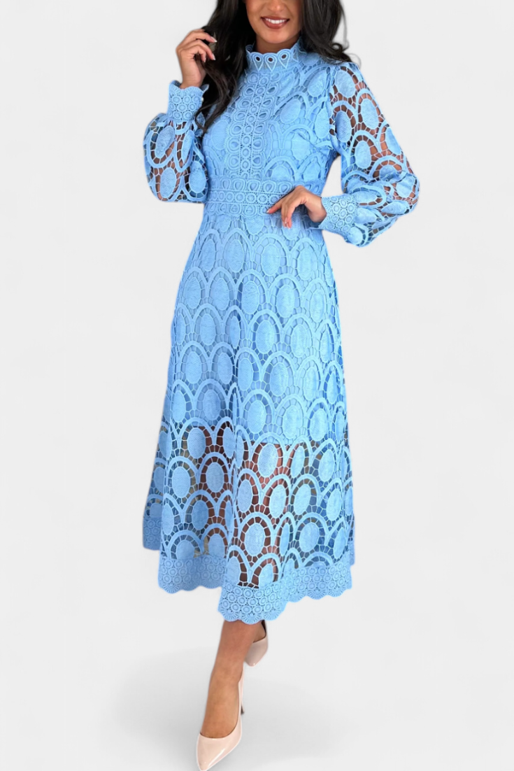 Robe Midi Jovie en Dentelle Brodée avec Col Montant