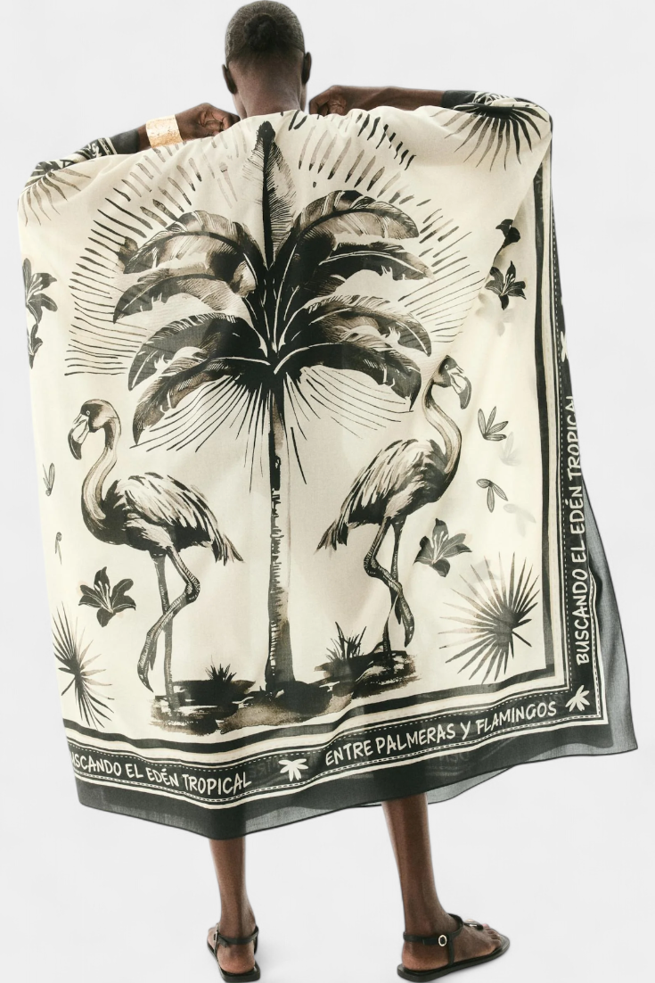 Robe Kaftan Oversized Guadalupe avec Imprimé de Flamants et de Palmiers