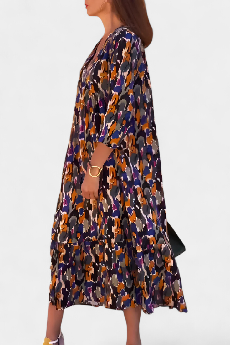 Robe Teodora Rétro avec Décolleté en V et Manches Bouffantes
