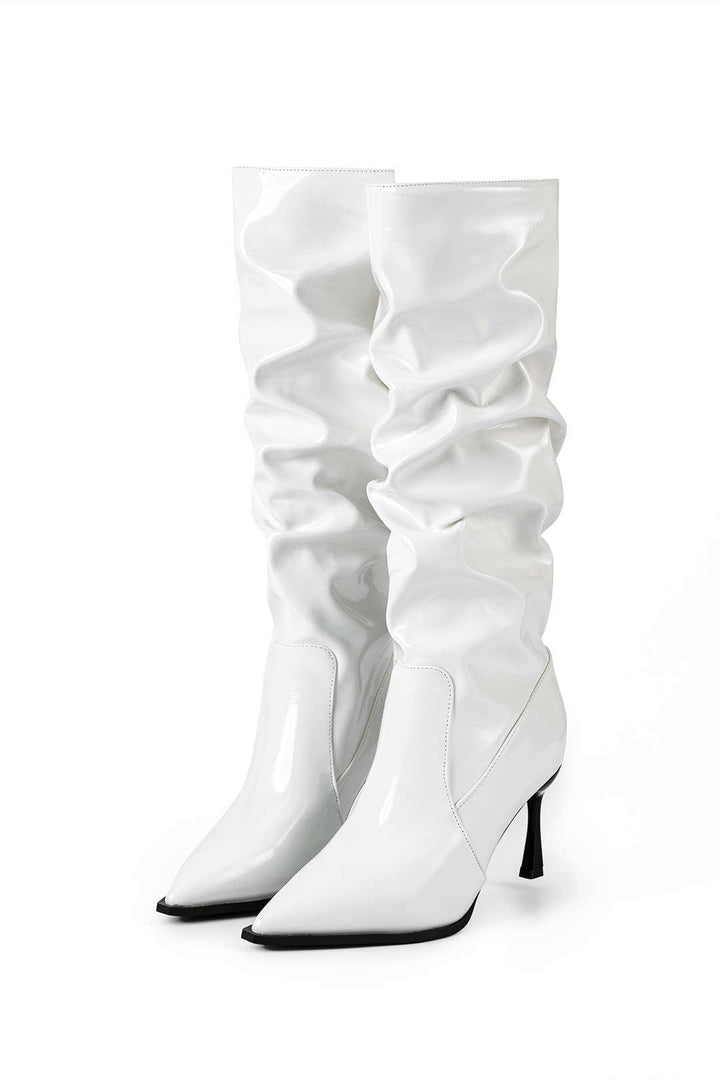 Bottes en Cuir Synthétique avec Plis et Pointe Aiguisée