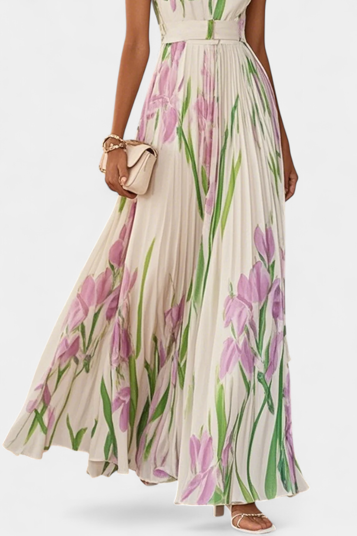 Robe Longue Plissée Calanthe avec Imprimé Floral et Décolleté Carré