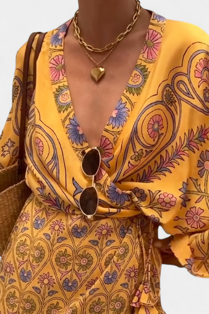 Robe Boho Candela avec Imprimé Floral et Décolleté en V Croisé