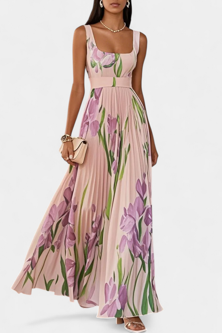 Robe Longue Plissée Calanthe avec Imprimé Floral et Décolleté Carré