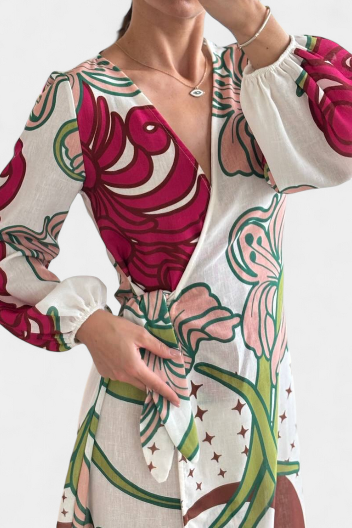 Robe Fana Croisée Imprimée Florale avec Nœud à la Taille