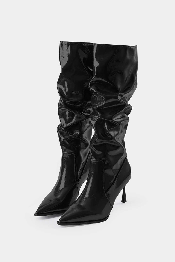 Bottes en Cuir Synthétique avec Plis et Pointe Aiguisée