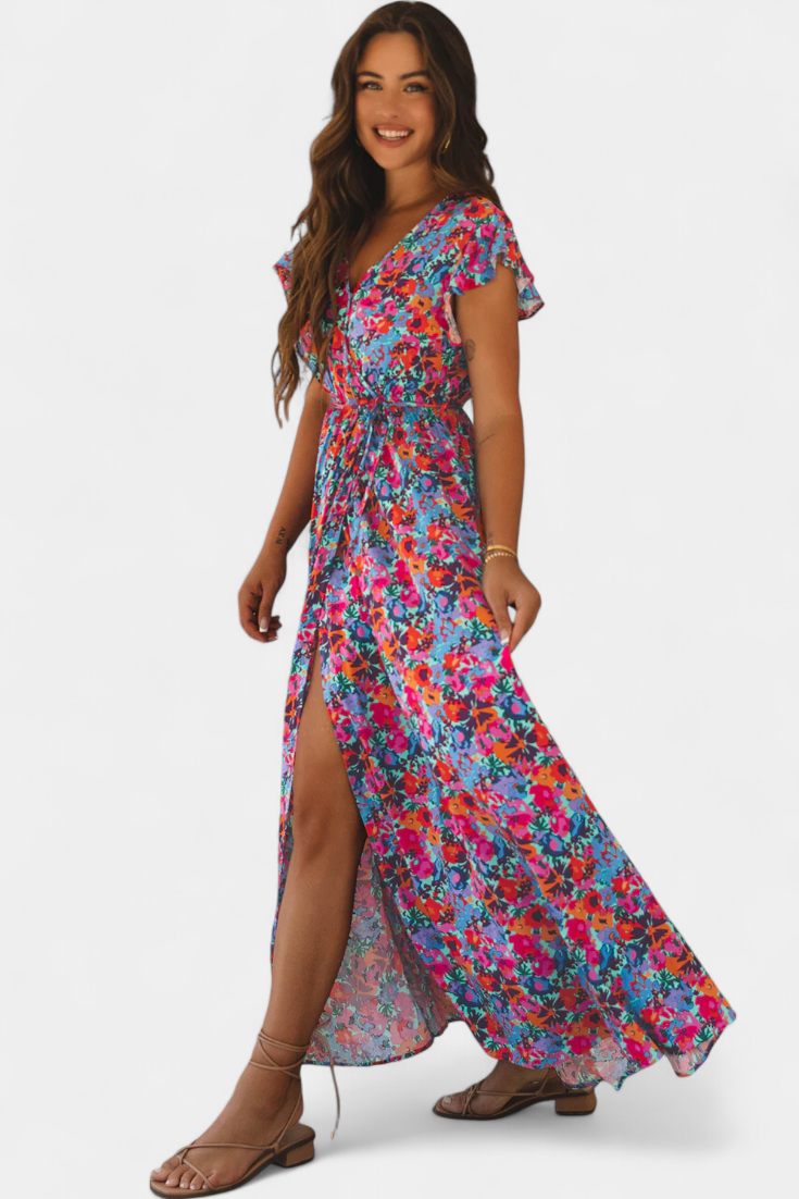 Robe Ximena Croisée Longue avec Imprimé Floral et Fente Latérale
