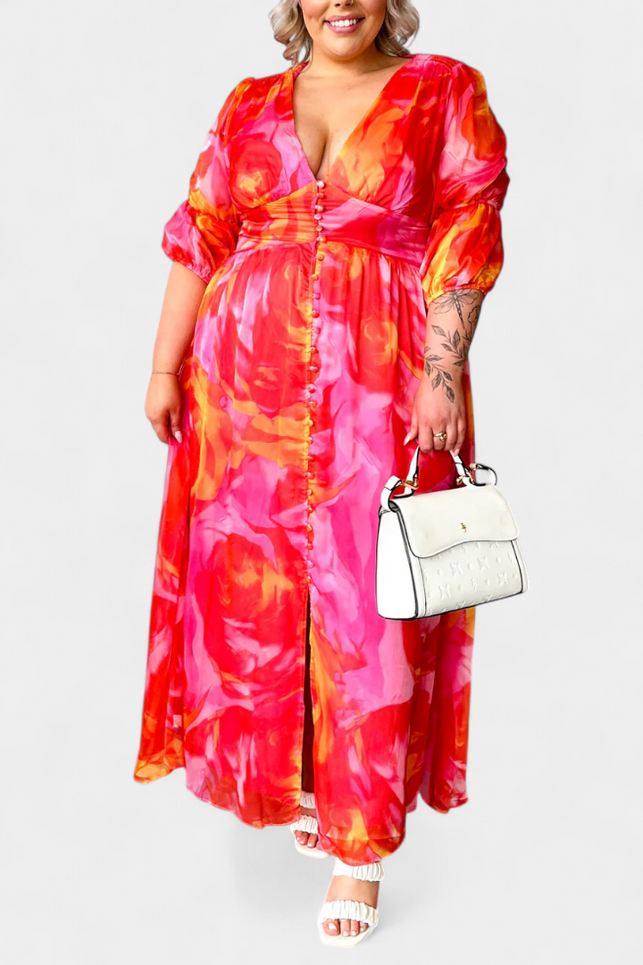 Robe Maxi Essja à Manches Bouffantes avec Décolleté en V