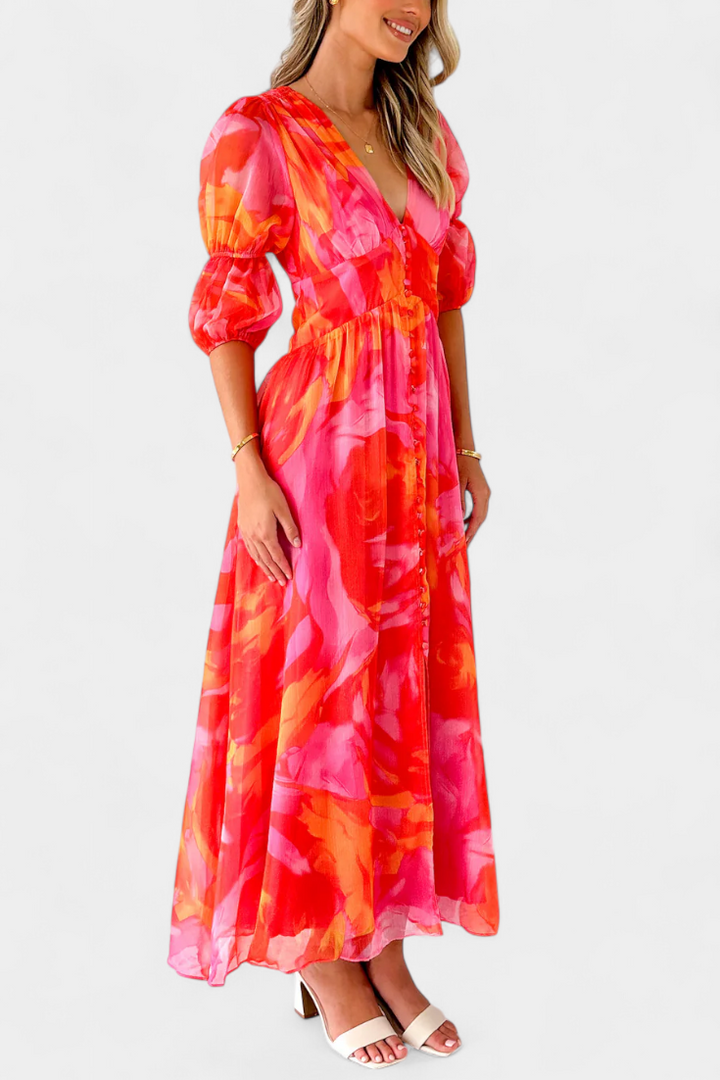 Robe Maxi Essja à Manches Bouffantes avec Décolleté en V