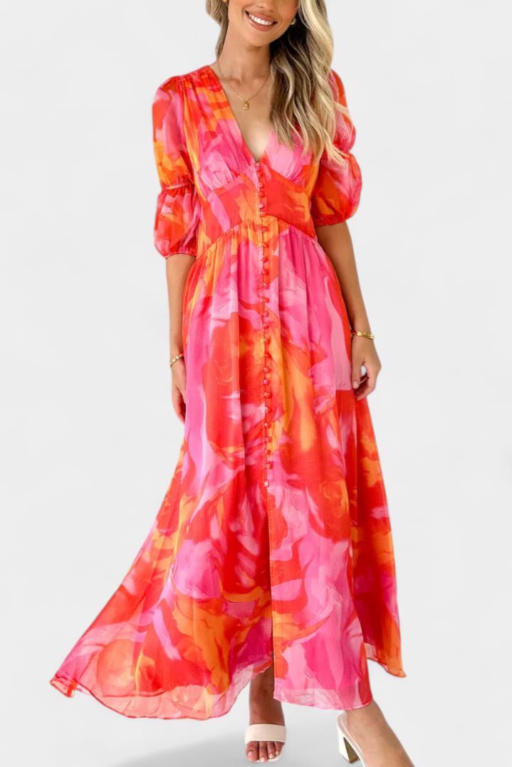Robe Maxi Essja à Manches Bouffantes avec Décolleté en V