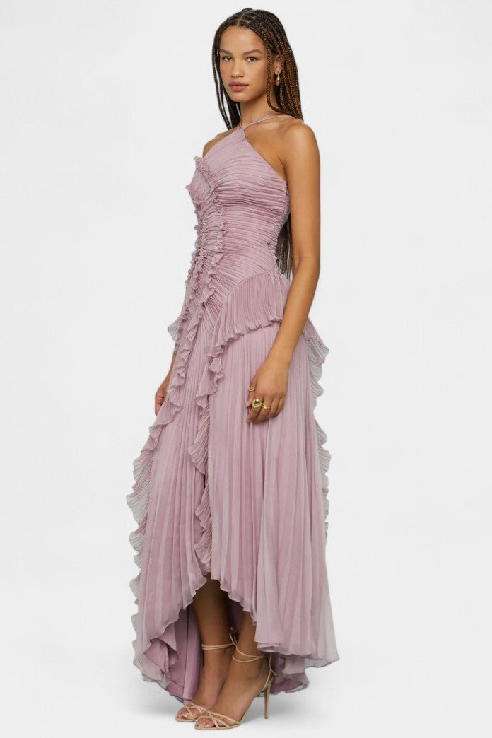 Robe Bia Halter avec Volants Plissés et Teinte Lilas Éthérée