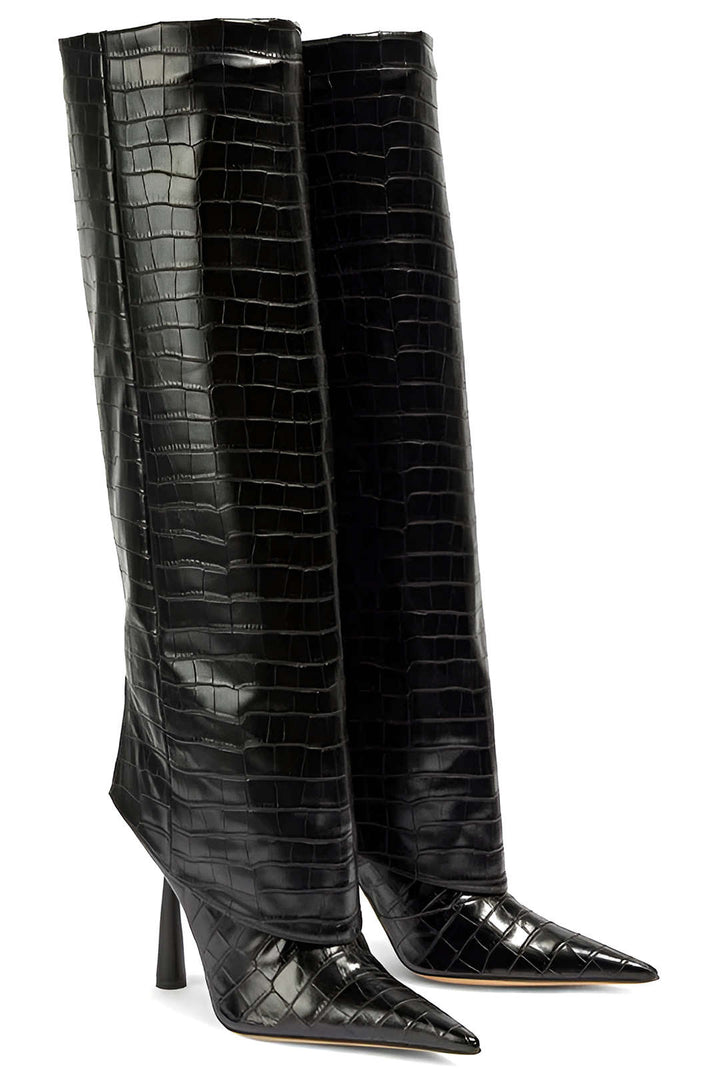 Bottes à Talons Hauts en Cuir Synthétique Crocodile avec Pointe Aiguisée