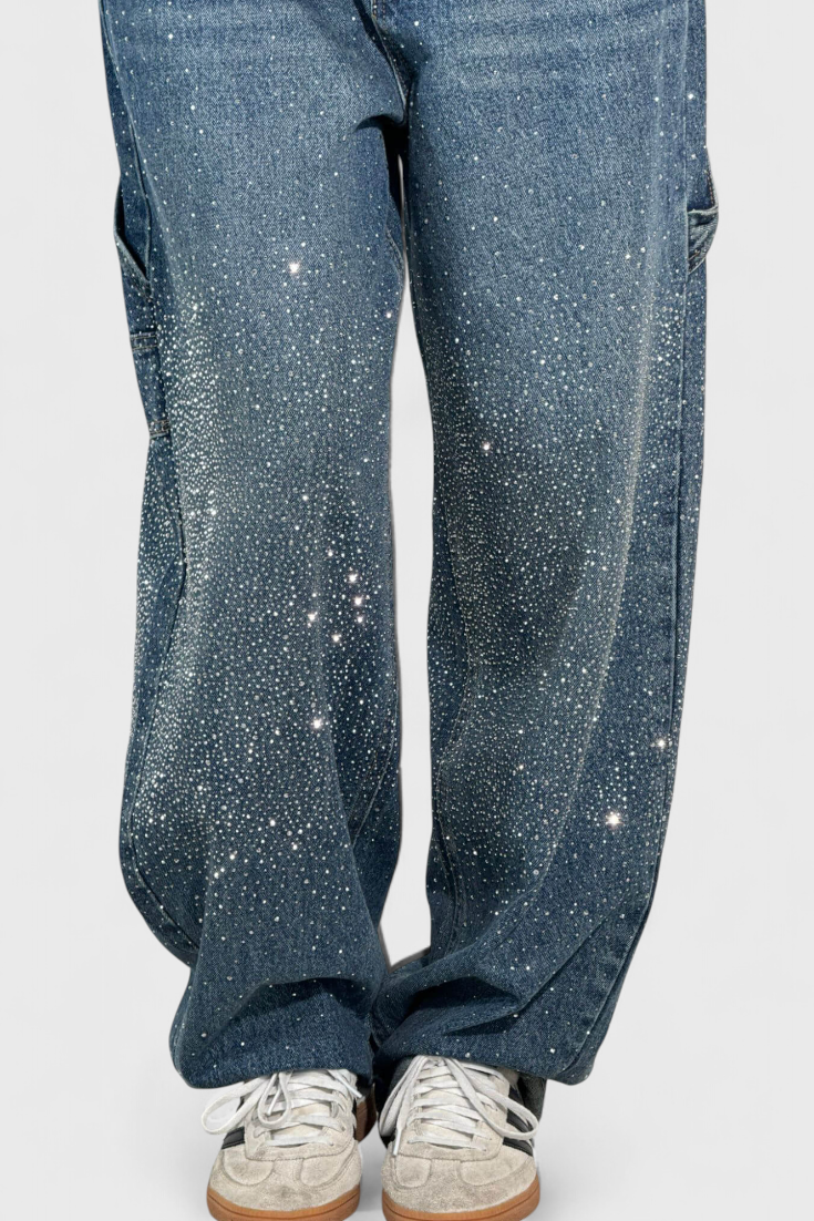 Jeans Cargo Balloon avec Brillant et Applications de Strass