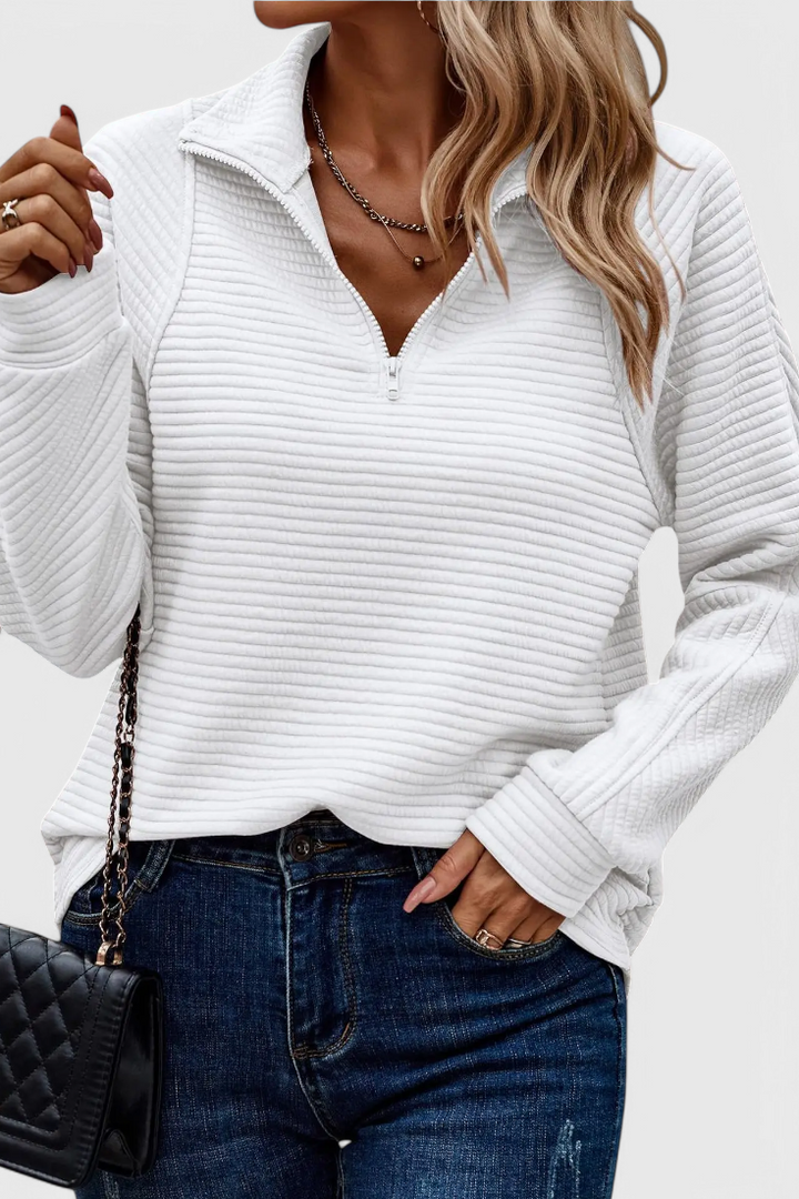 Pull Helene à Col en V avec Fermeture Éclair et Manches Longues