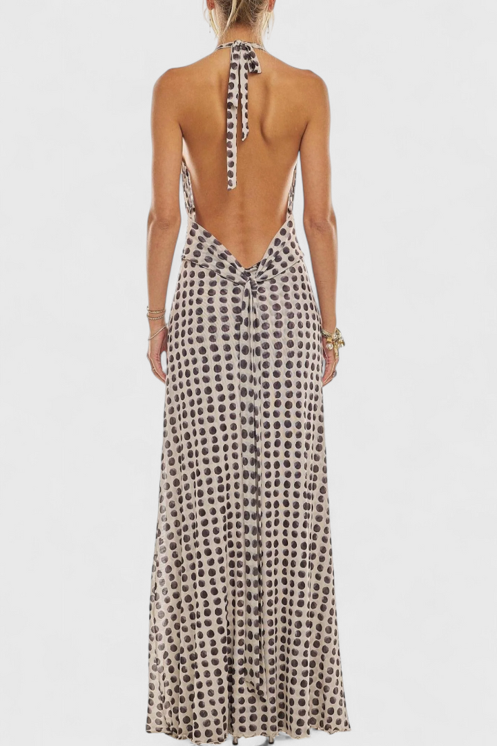 Robe Maxi à Pois Melodía avec Décolleté Halter et Taille Froncée