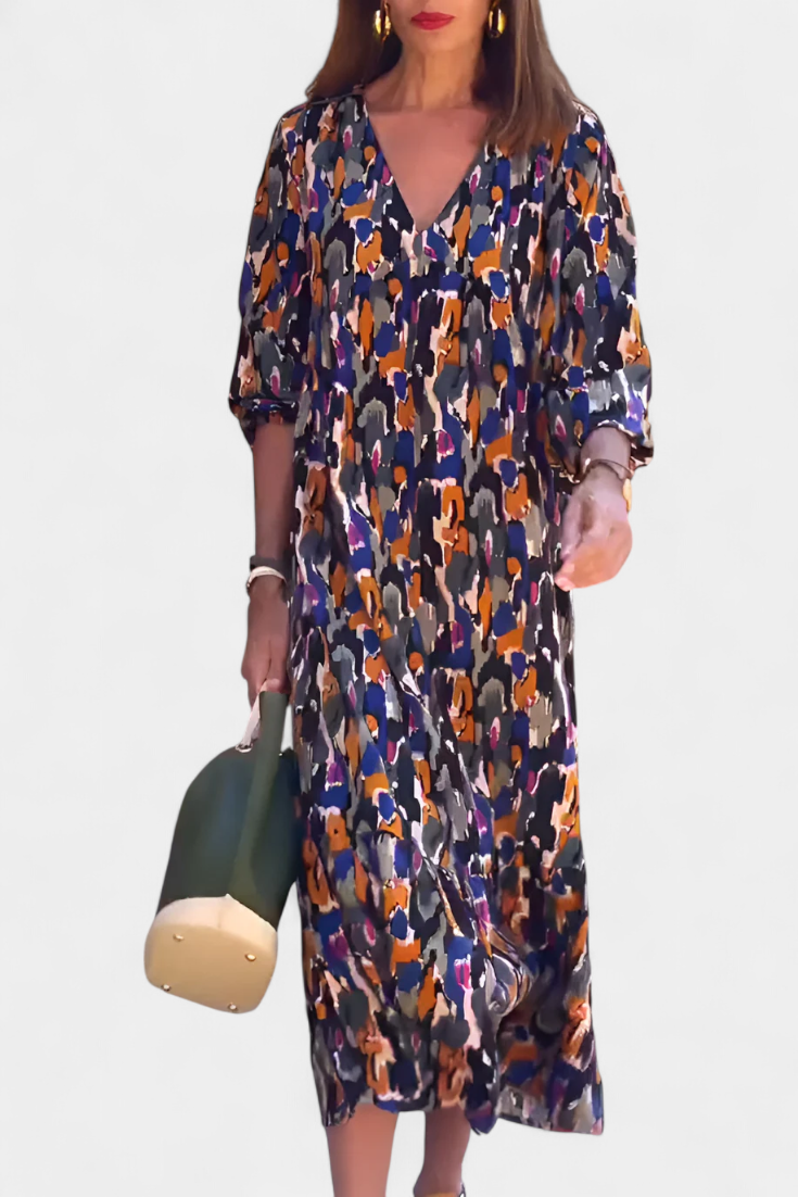 Robe Teodora Rétro avec Décolleté en V et Manches Bouffantes