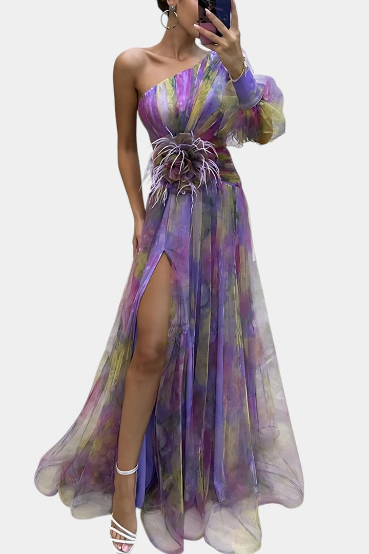 Robe Maxi Asymétrique Amelie à Épaule Unique avec Imprimé Artistique