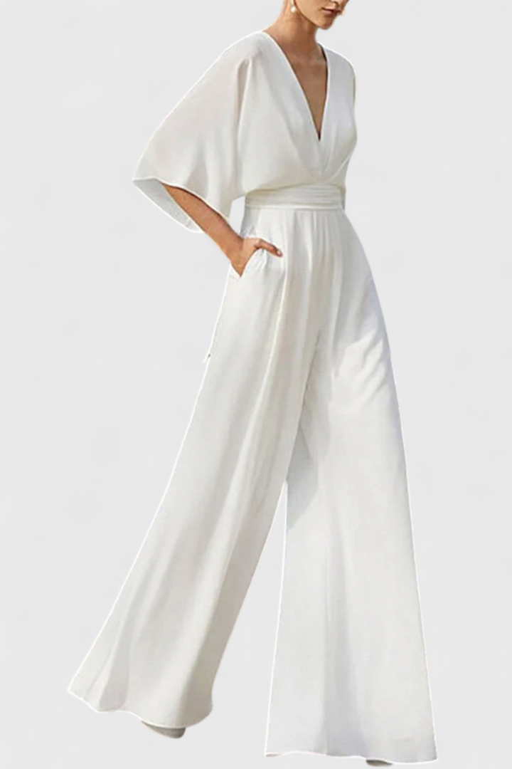 Isaura Mono Long Élégant avec Pantalon Large et Décolleté en V
