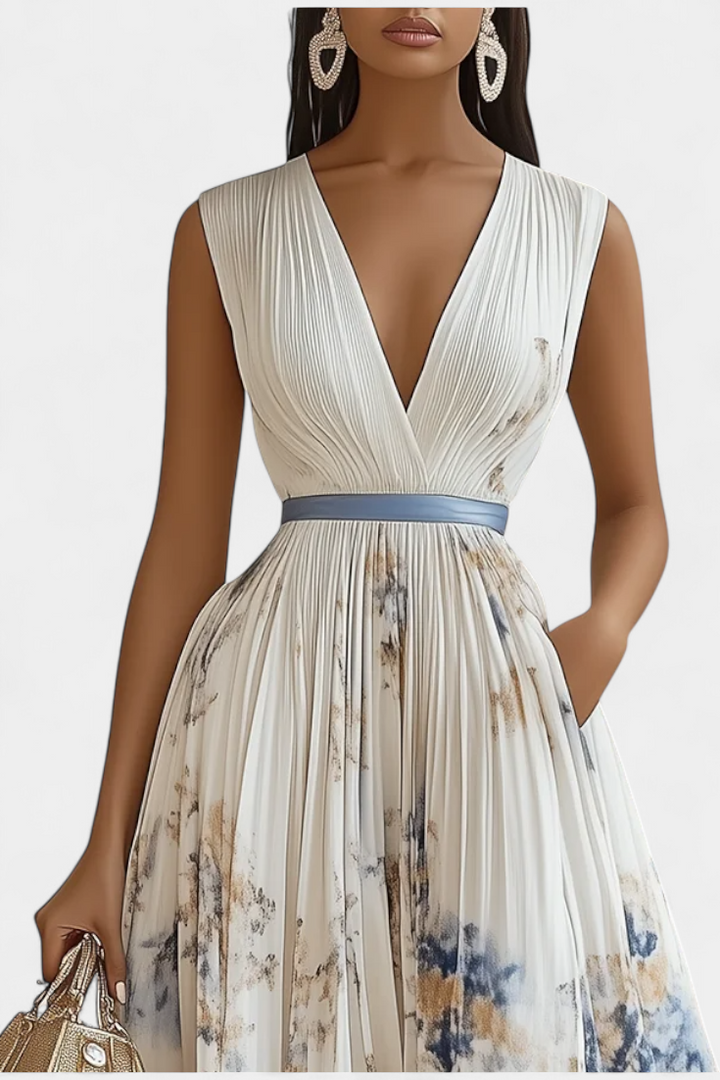 Robe Midi Sans Manches Elise avec Imprimé Floral et Plis
