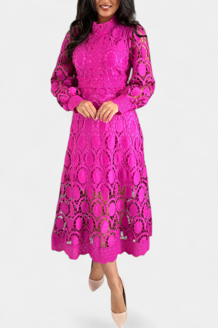 Robe Midi Jovie en Dentelle Brodée avec Col Montant