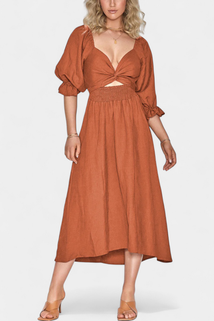 Robe Petra à Deux Niveaux avec Corps Froncé et Manches Bouffantes