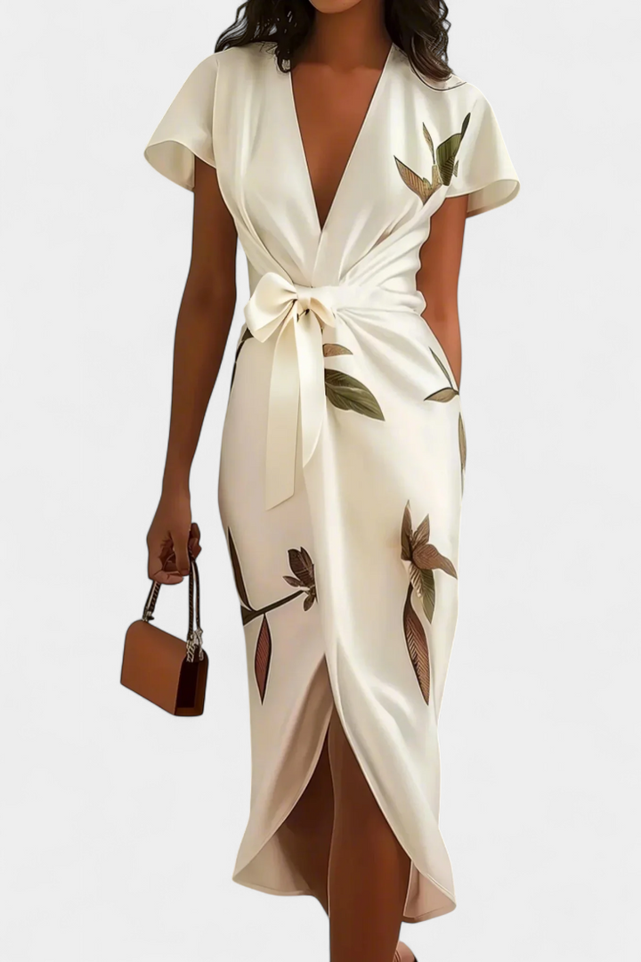 Robe Croisée Dhalia avec Imprimé de Feuilles