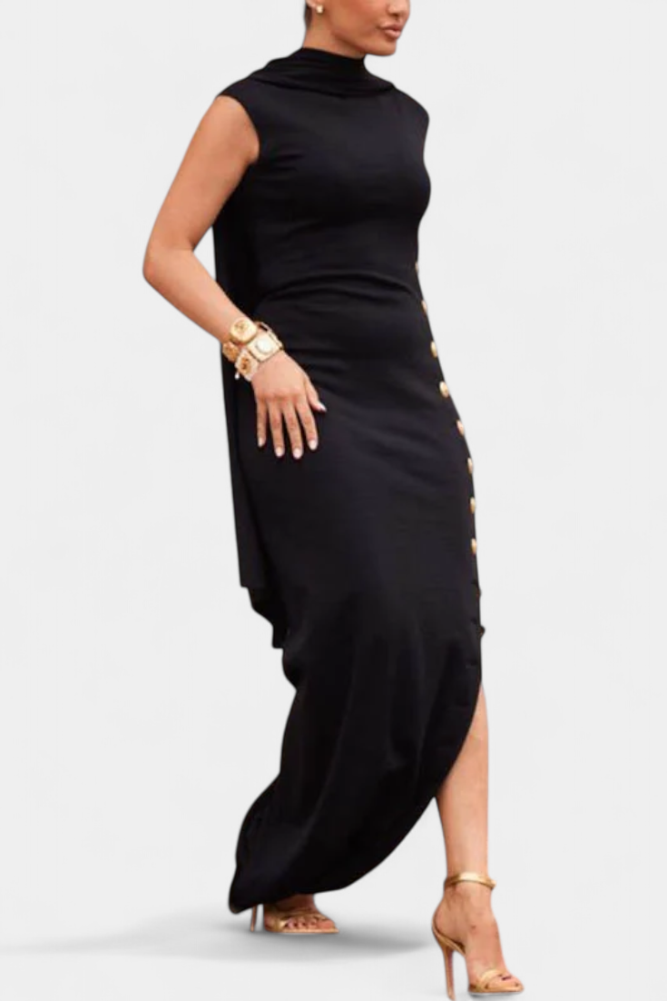 Robe Asymétrique Aphrodite avec Boutons Dorés Décoratifs