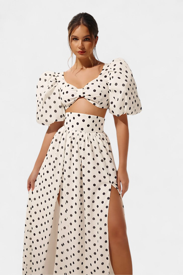 Ensemble Jupe et Top à Pois Sherine avec Manches Bouffantes