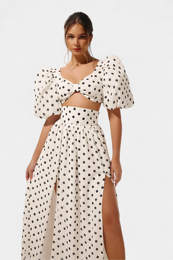 Ensemble Jupe et Top à Pois Sherine avec Manches Bouffantes