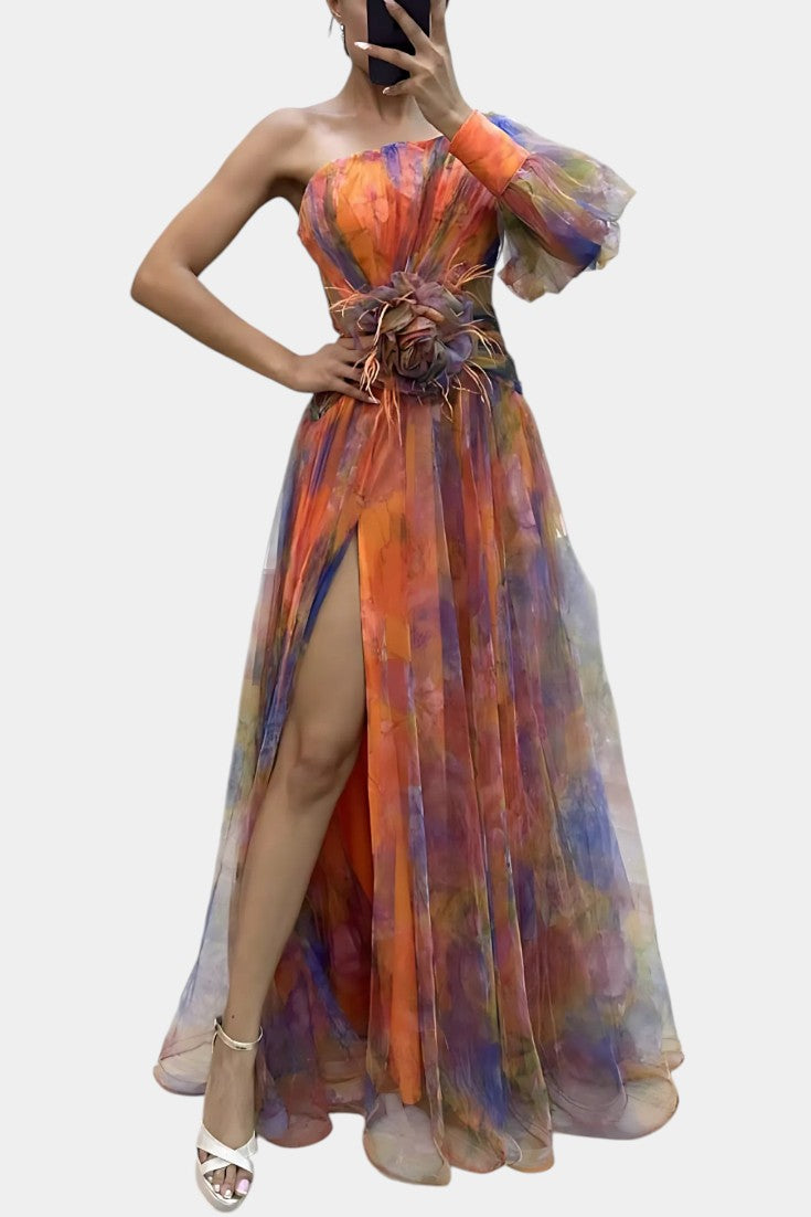 Robe Maxi Asymétrique à Une Épaule Amelie avec Imprimé Artistique