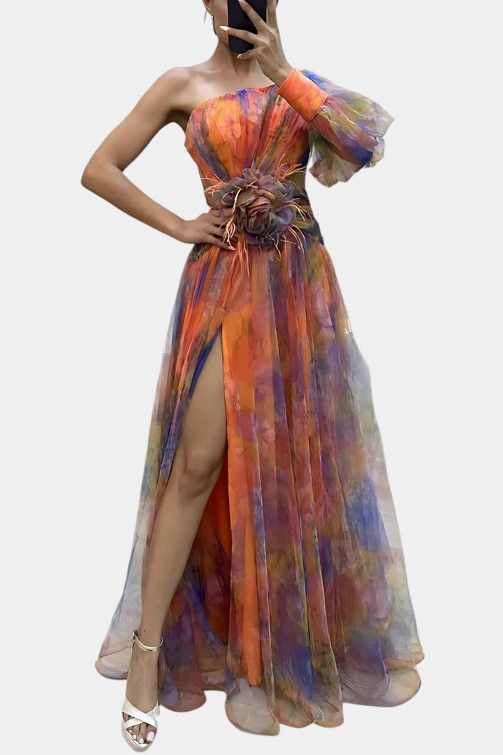 Robe Maxi Asymétrique Amelie à Épaule Unique avec Imprimé Artistique