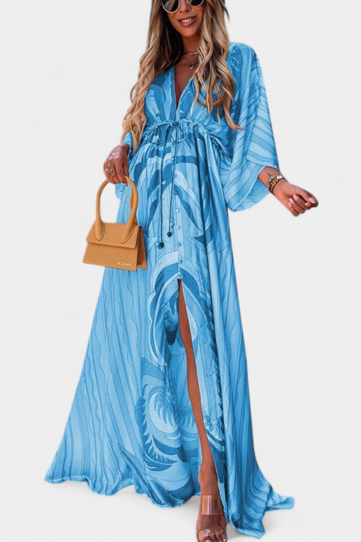 Robe Maxi Joelle Arc-en-ciel avec Décolleté en V et Manches Chauve-Souris
