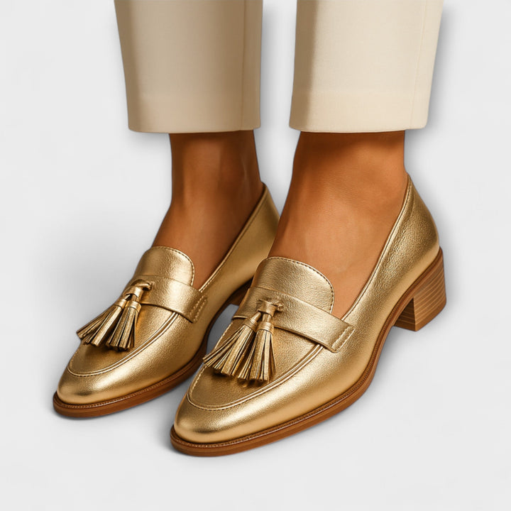 Mocassins Céleste Dorés avec Franges Élégantes