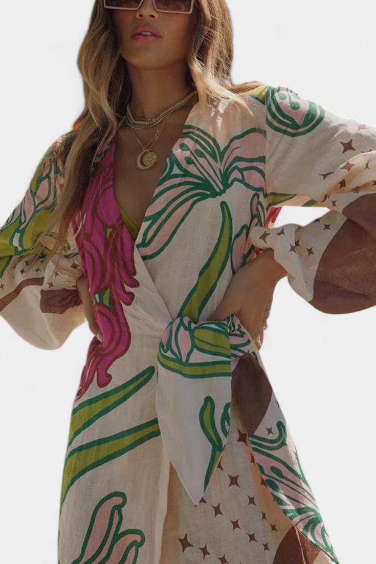 Robe Fana Croisée Imprimée Florale avec Nœud à la Taille