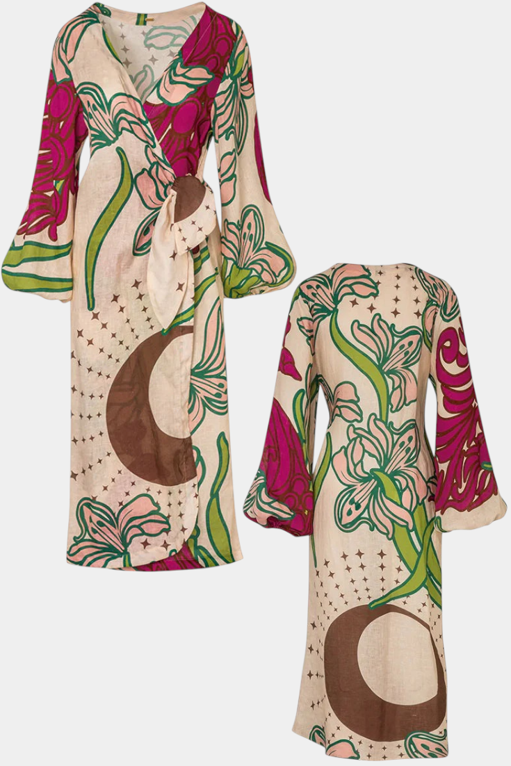 Robe Fana Croisée Imprimée Florale avec Nœud à la Taille